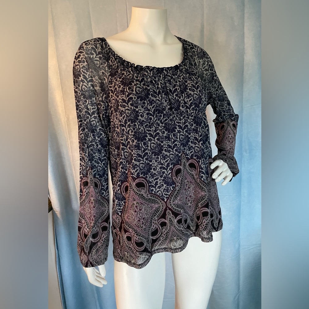 Elegant Navy and Pink Patterned Flowy Women's Top Sz XL